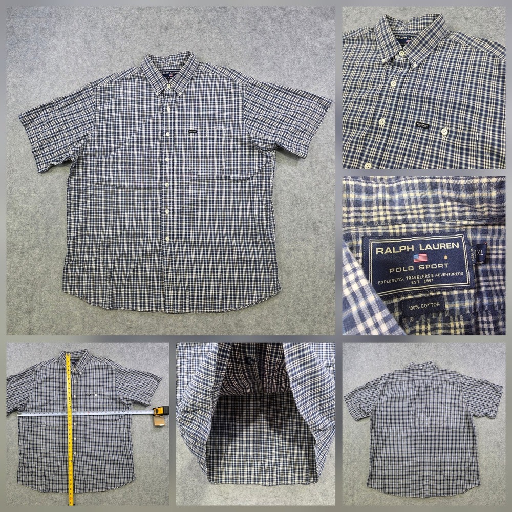 Ralph Lauren Polo Sport Shirt Mens XL Blue Plaid Cotton Button Down Short Sleeve